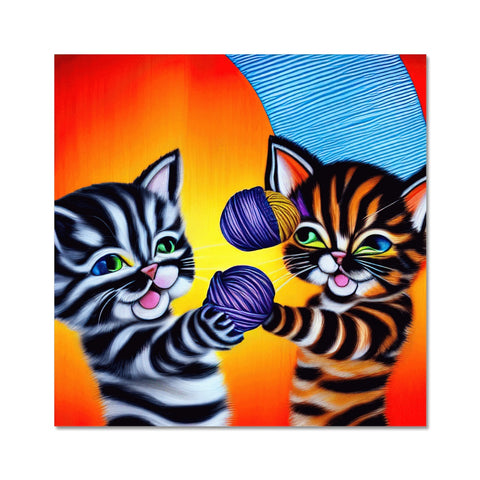 a two kittens looking up at a cross stitch print on a picture on a wall by