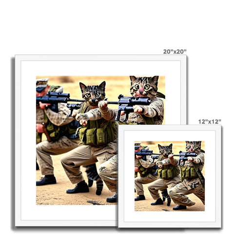 Several cats sitting in a picture frame with a large man close up of a rifle.