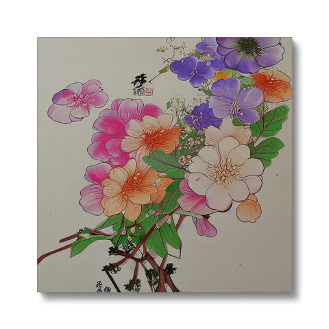 a flower on an art card with purple flowers and a few red roses of different sizes