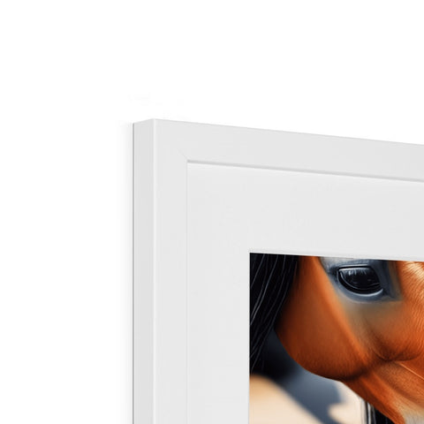 A picture frame, white picture of a horse looking into a room