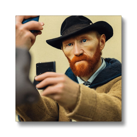 An amish man holding a camera while taking a photograph with his phone,