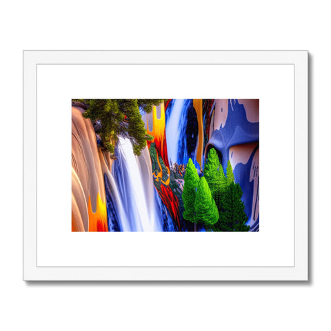 Large wooden prints of beautiful waterfalls surrounded by colorful trees.
