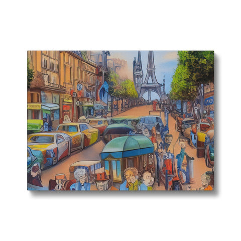 A street view looking in the direction of the Eiffel tower with people walking and