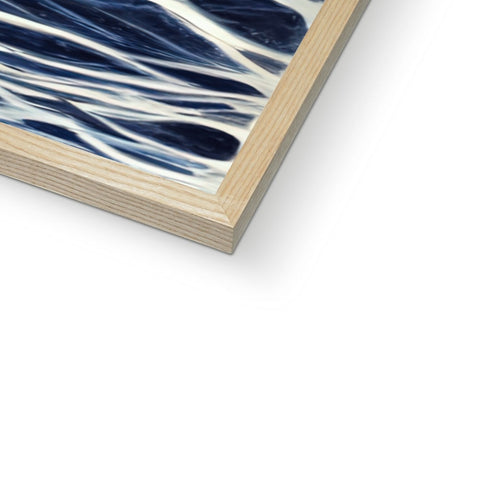 A picture is of a wood frame holding a print on a white canvas on the wooden