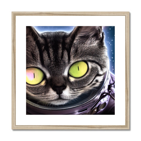 A cat holding a frame topped with a holographic image of a space trip picture.
