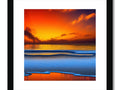 Colorful image of sunset above ocean that is on a framed background.
