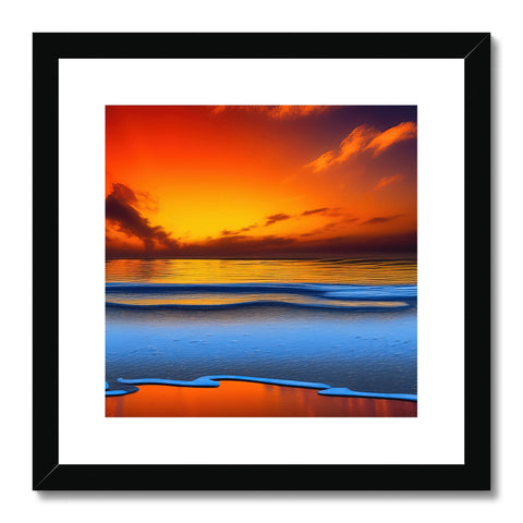 Colorful image of sunset above ocean that is on a framed background.