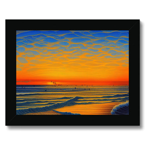 A colorful sunset over the ocean under a white framed canvas.