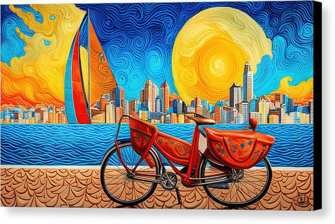 Abstract Beach Bike and Sun City Sail Painting - Canvas Print
