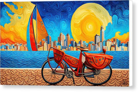 Abstract Beach Bike and Sun City Sail Painting - Canvas Print