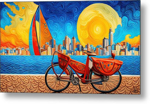 Abstract Beach Bike and Sun City Sail Painting - Metal Print