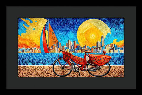 Abstract Beach Bike and Sun City Sail Painting - Framed Print