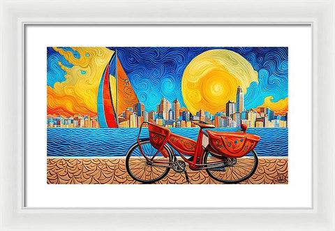 Abstract Beach Bike and Sun City Sail Painting - Framed Print