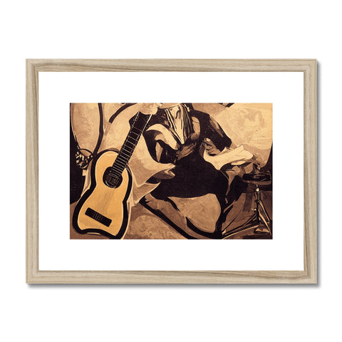 An art print of a man playing a guitar within a photo frame.