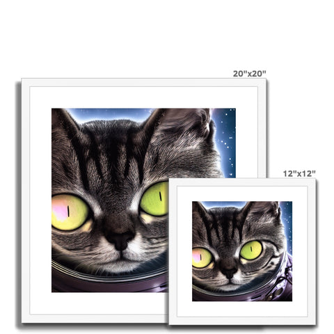 A cat is sitting on top of a frame looking at a picture of two images from