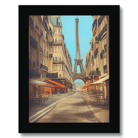 A glass framed poster of Paris' Eiffel tower on a wall hanging on a