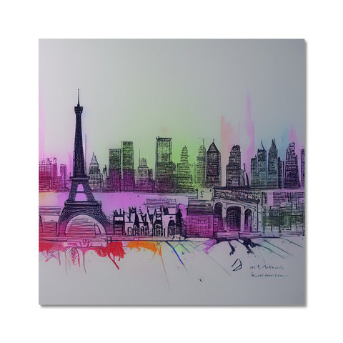 Art print covering a city skyline is in white and green light.