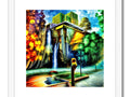 Art print shows water fountain sitting next to a small waterfall on the grass.