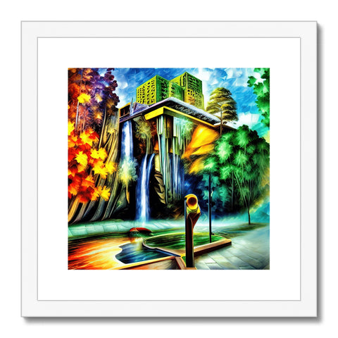 an art print depicting a green waterfall sitting near a bench and benches.