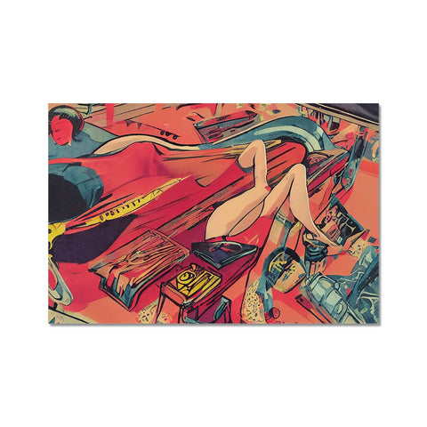 An art print sitting on a rug on a floor with mouse pad on top a mirror