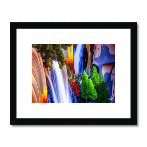 A small colorful art print depicting a waterfall flowing in a pond.