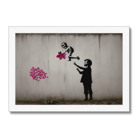 An art print of some flowers on a wall with a small child standing next to them