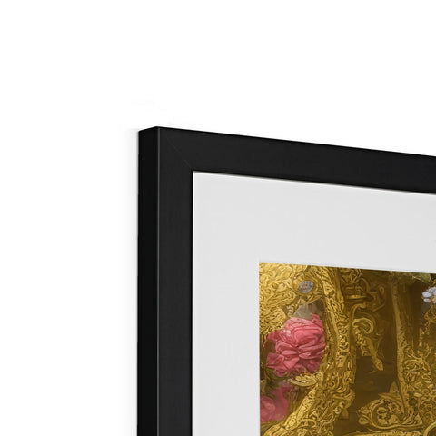 A photo of a photo of flowers near a fireplace framed in gold on a frame.