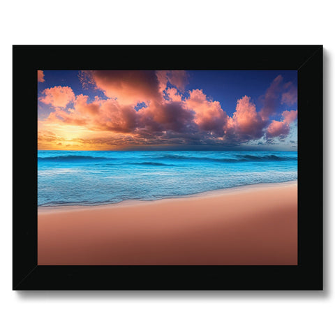 Several colorful seaside pictures hanging in a wall frame with sunset in the background.