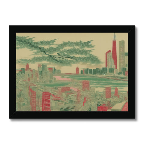 an art print of China skyline in front of the ocean