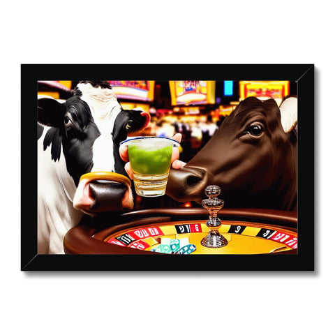 A black cow on a white table in a casino with a woman and several cards.
