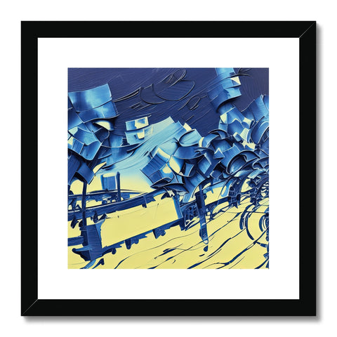 a frame that is covered in an abstract blue and metallic print.