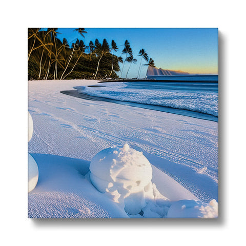 A small island of snow covered a snowy field with a snow covered beach