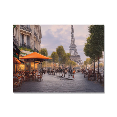 Art prints with pictures of scenes from Paris and fireworks displayed on a white placemats