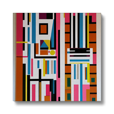 An  art print with some colorful stripes hanging on a wall.