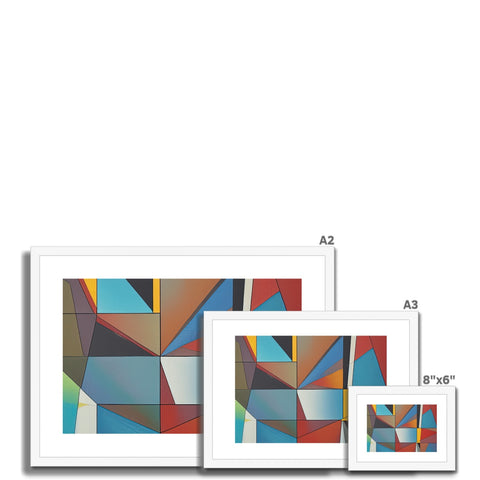 Four colorful art prints are on a framed white wall.