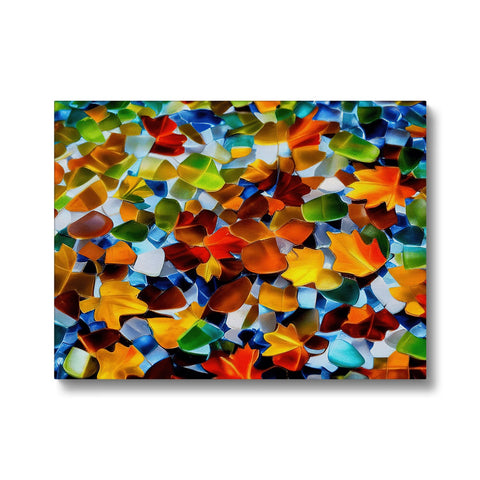 An art print on a tile ceiling that depicts colorful shapes and textures.