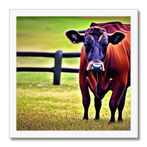A cow grazing on a red field while holding a bowl of milk in her mouth.