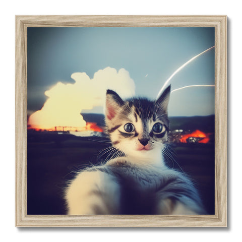 A cat is seen in a picture frame with a metal backdrop.