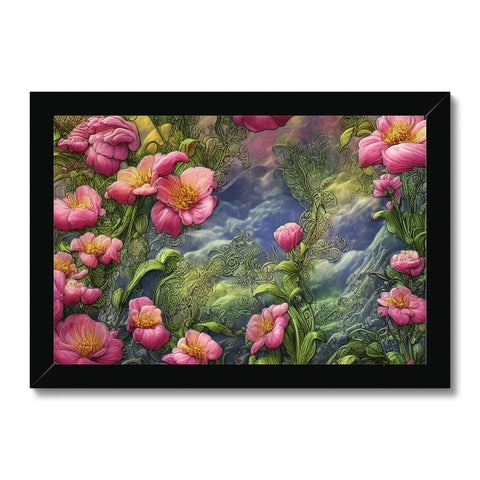Art print on a wall covered in pink flowers that have a center of flower petals
