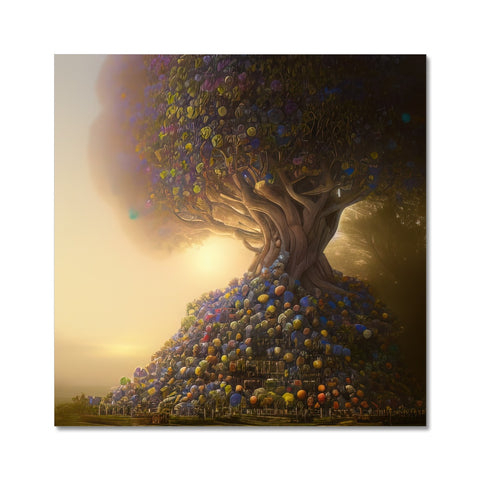 Art print painting on a tree in an apple orchard with the word "art"