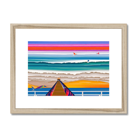 An art print with some boats and kites on the beach.