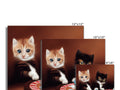 Three different colored prints of kittens are on white colored place mats.