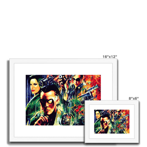 Art prints are grouped in a colorful frame on table.