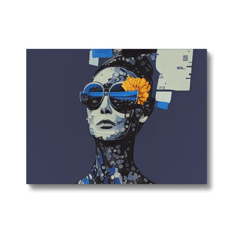 An art print is on a white card with a woman wearing sunglasses on top.