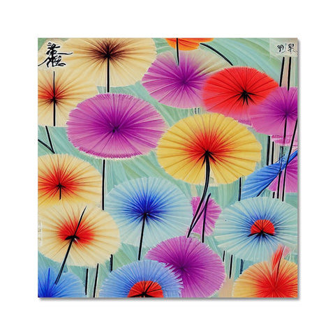 A colorful flower printed plate with an umbrella sitting onto it.