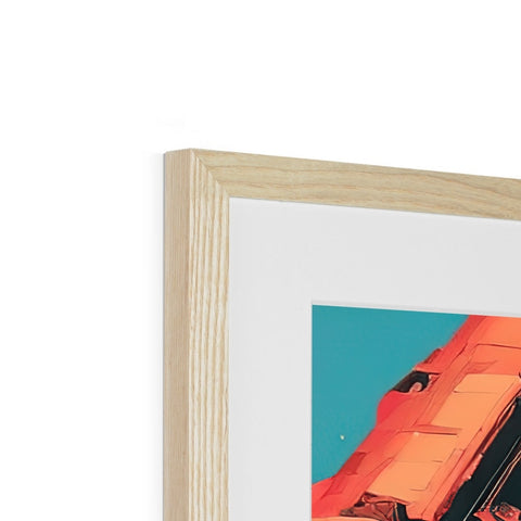 a wooden frame hanging over a table holding an art print on it