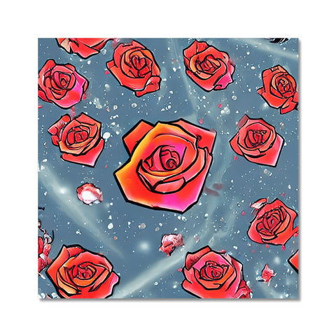 An art print on a tray has a red rose on it.