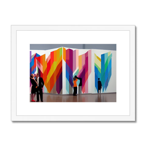An art print hanging over colorful artwork in a white wall.