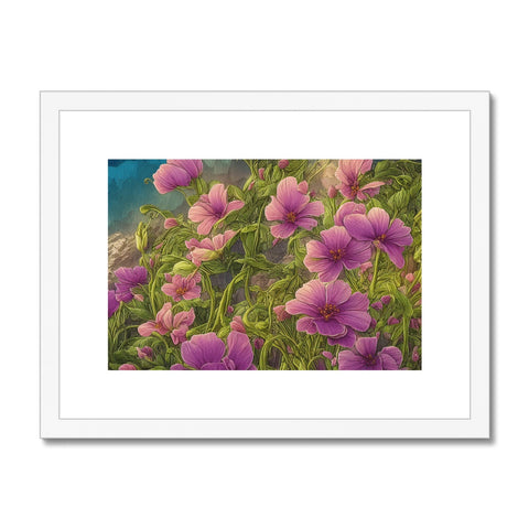 Violet flowers on an art print in front of a red background.
