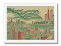 An art print with a view of a skyline, and a city in view of the